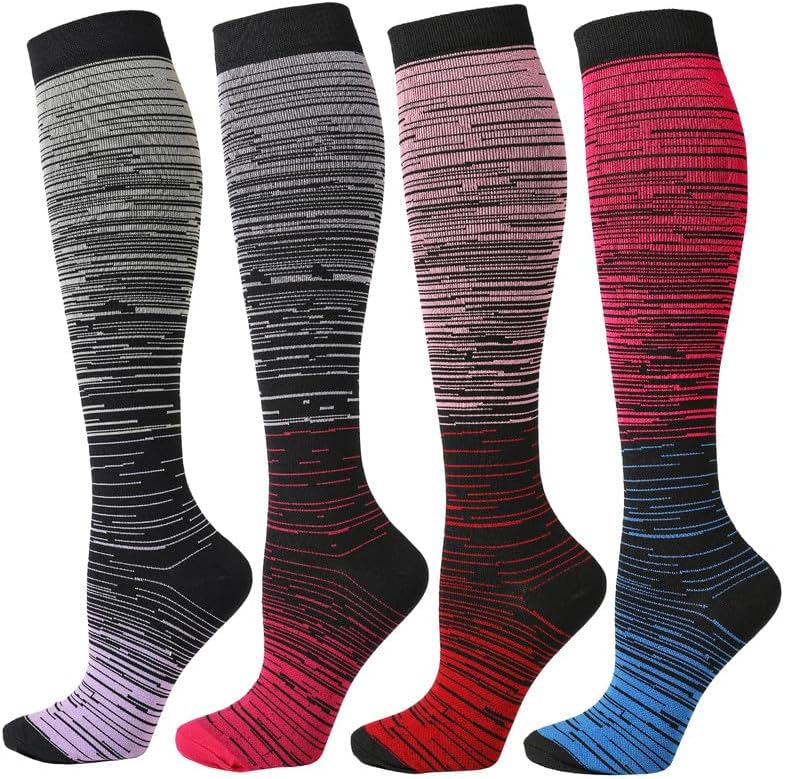 Kickticks 4 Pairs Compression Socks for Woman & Man Unisex 20-30mmHg Knee high Plus Size Wide Calves for Flying Running…