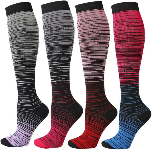 Kickticks 4 Pairs Compression Socks for Woman & Man Unisex 20-30mmHg Knee high Plus Size Wide Calves for Flying Running…