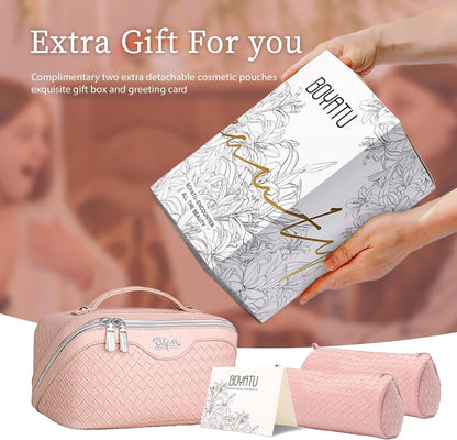 BOYATU Travel Makeup Bags for Women: Large Cosmetic Bag Waterproof - Vegan Leather Make up Bag Set of 3 - Compact Toiletry Organizer with Compartments & Handle & Divider (L02 Light Pink)