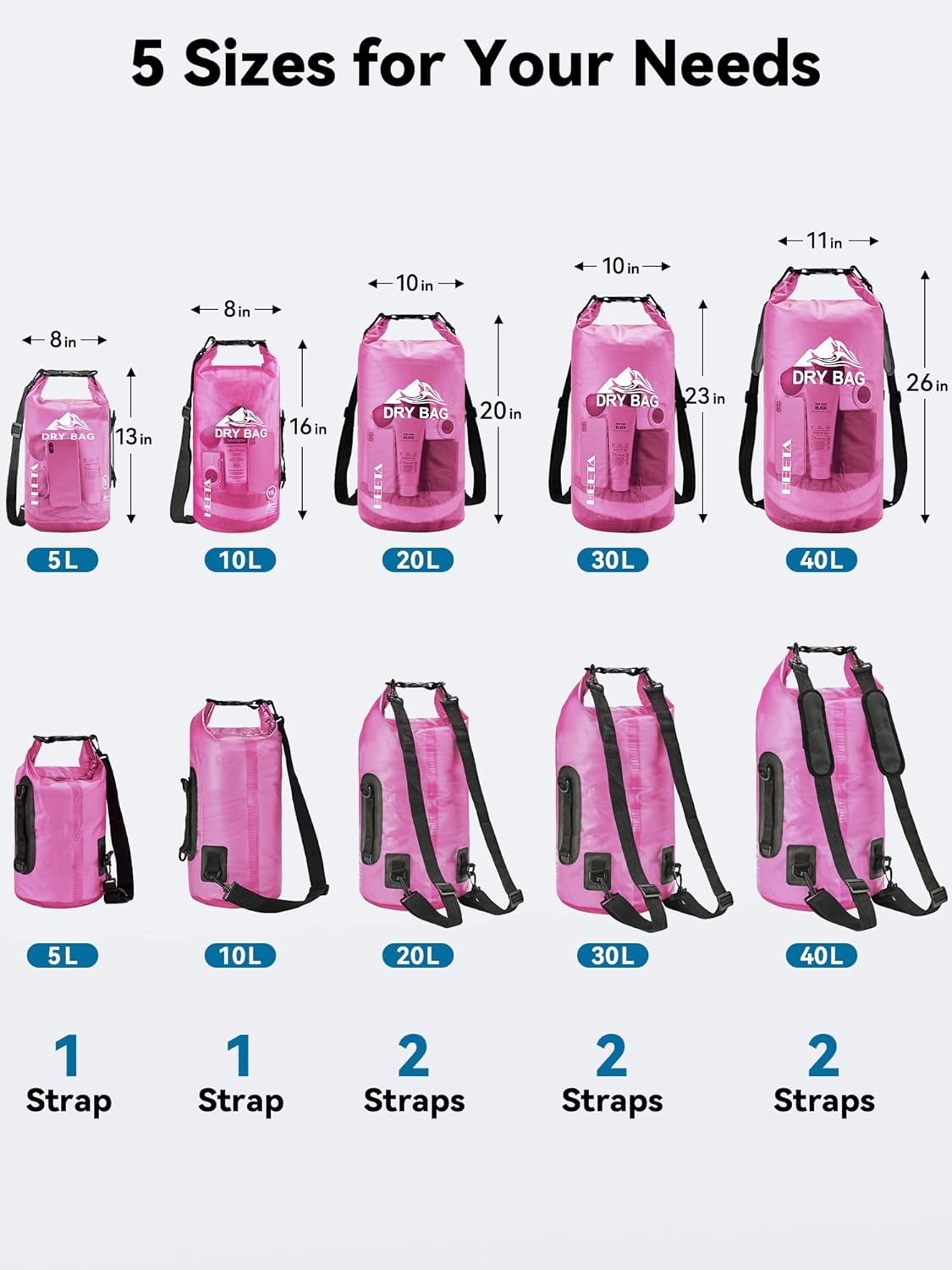 HEETA Dry Bag Waterproof for Women Men, 5L/10L/20L/30L/40L Roll Top Lightweight Dry Storage Bag Backpack with Phone Case for Travel Swimming Boating Kayaking Paddle Board Camping Beach Accessories