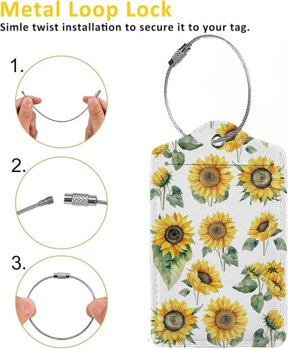 Watercolor Floral Sunflowers 2-Pack Luggage Tags for Suitcases,Leather Baggage Tag with Loop, Tags Private Name ID Labels for Women Girl Men Boys Travel Baggage Suitcase