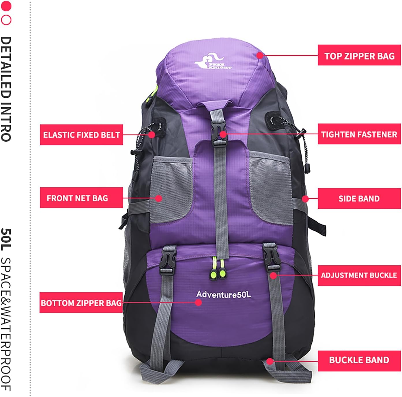 Bseash 50L Hiking Backpack, Water Resistant Lightweight Outdoor Sport Daypack Travel Bag for Camping Climbing Skiing Cycling (Purple - No Shoe Compartment)