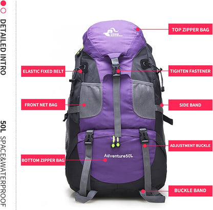 Bseash 50L Hiking Backpack, Water Resistant Lightweight Outdoor Sport Daypack Travel Bag for Camping Climbing Skiing Cycling (Purple - No Shoe Compartment)