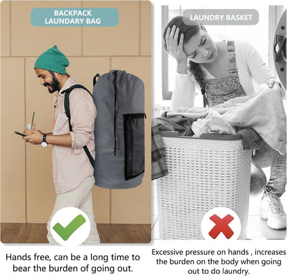 Laundry Bag Backpack, 2PCS Extra Large Travel Laundry Bag with Mesh Pocket & Adjustable Shoulder Straps,Dirty Clothes Travel Bag for College Students Dorm,Apartment(Grey)