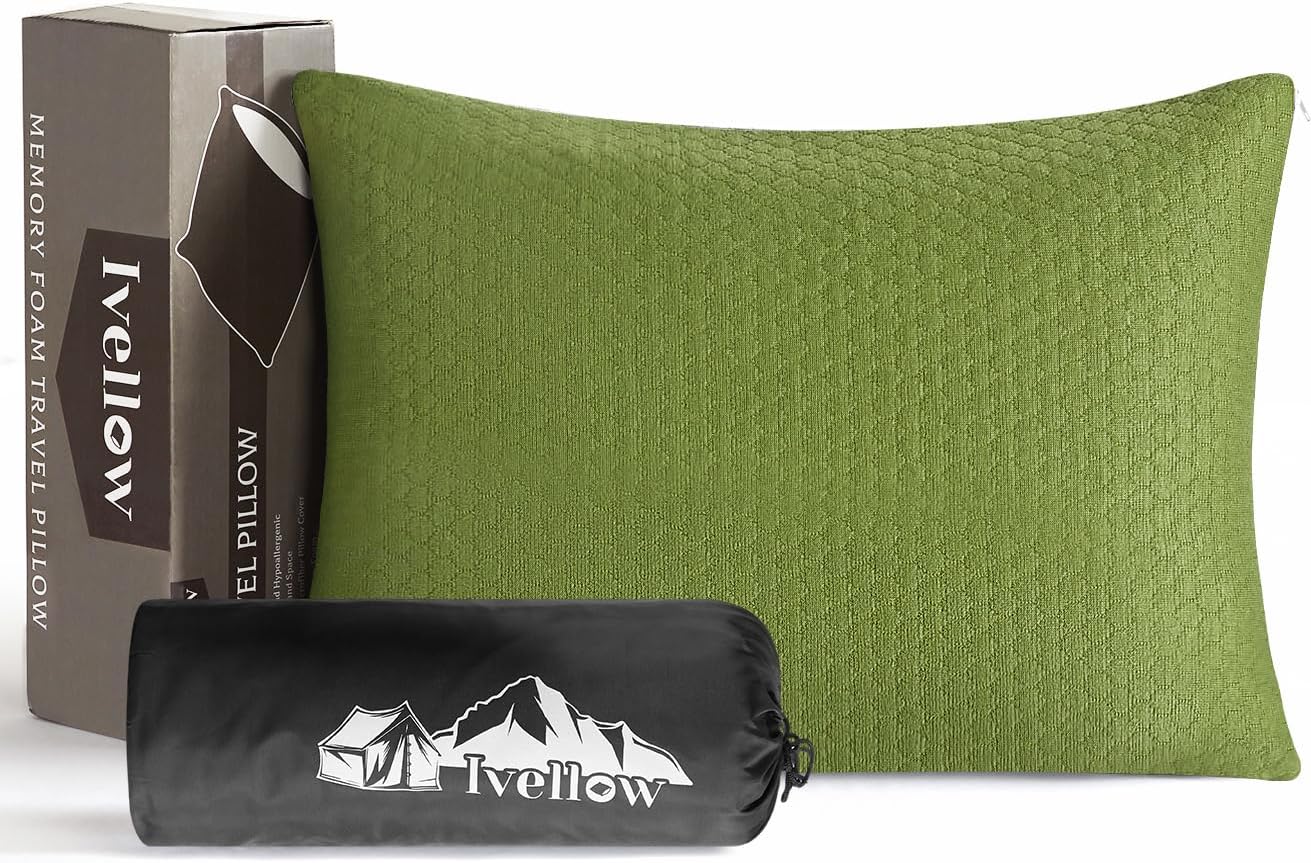 Ivellow Memory Foam Travel Pillow Compressible Camping Pillow for Sleeping Shredded Memory Foam Pillow Compact Firm Supportive Small Pillow for Adults Kids Outdoor Backpacking Hiking Essential Gear-M