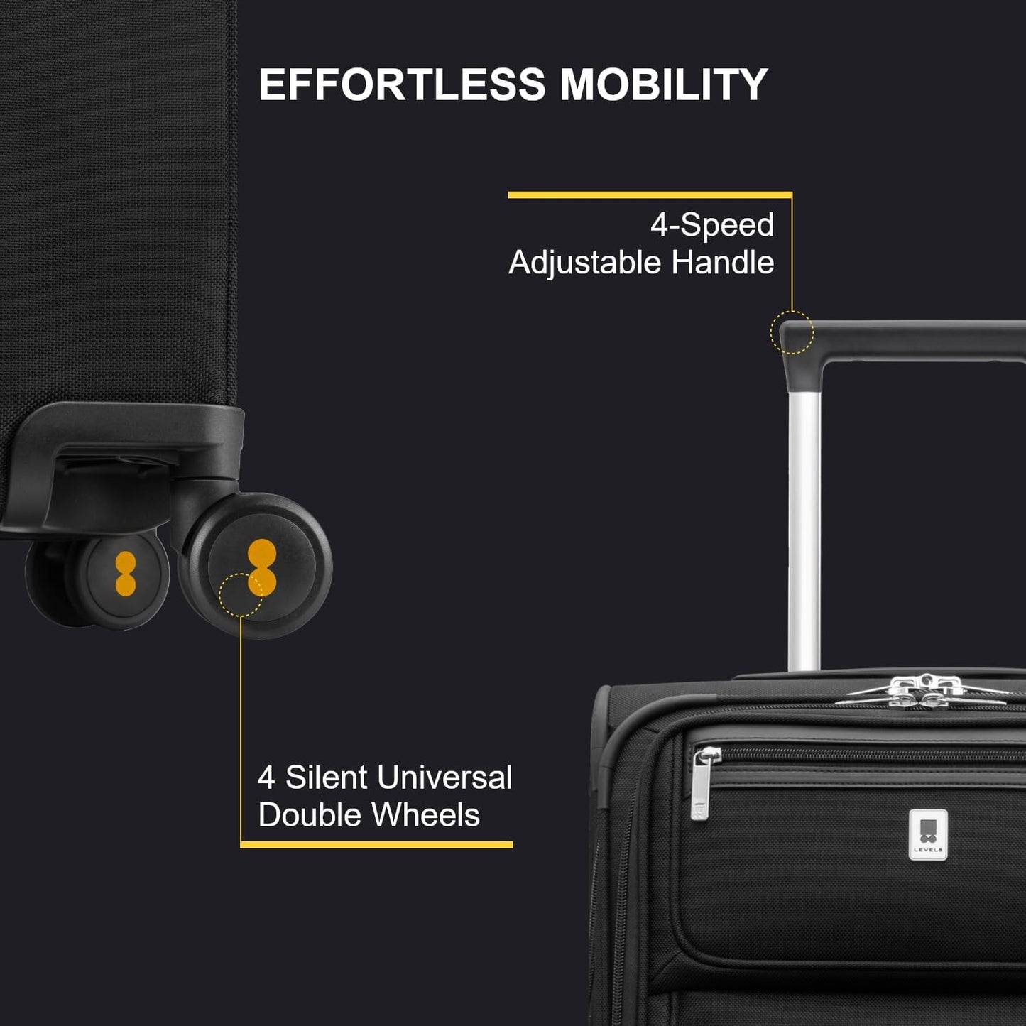 LEVEL8 Carry On Luggage Airline Approved with Compartment, Softside Expandable Rolling Suitcase with Spinner Wheels, Black, Carry-On 20-Inch