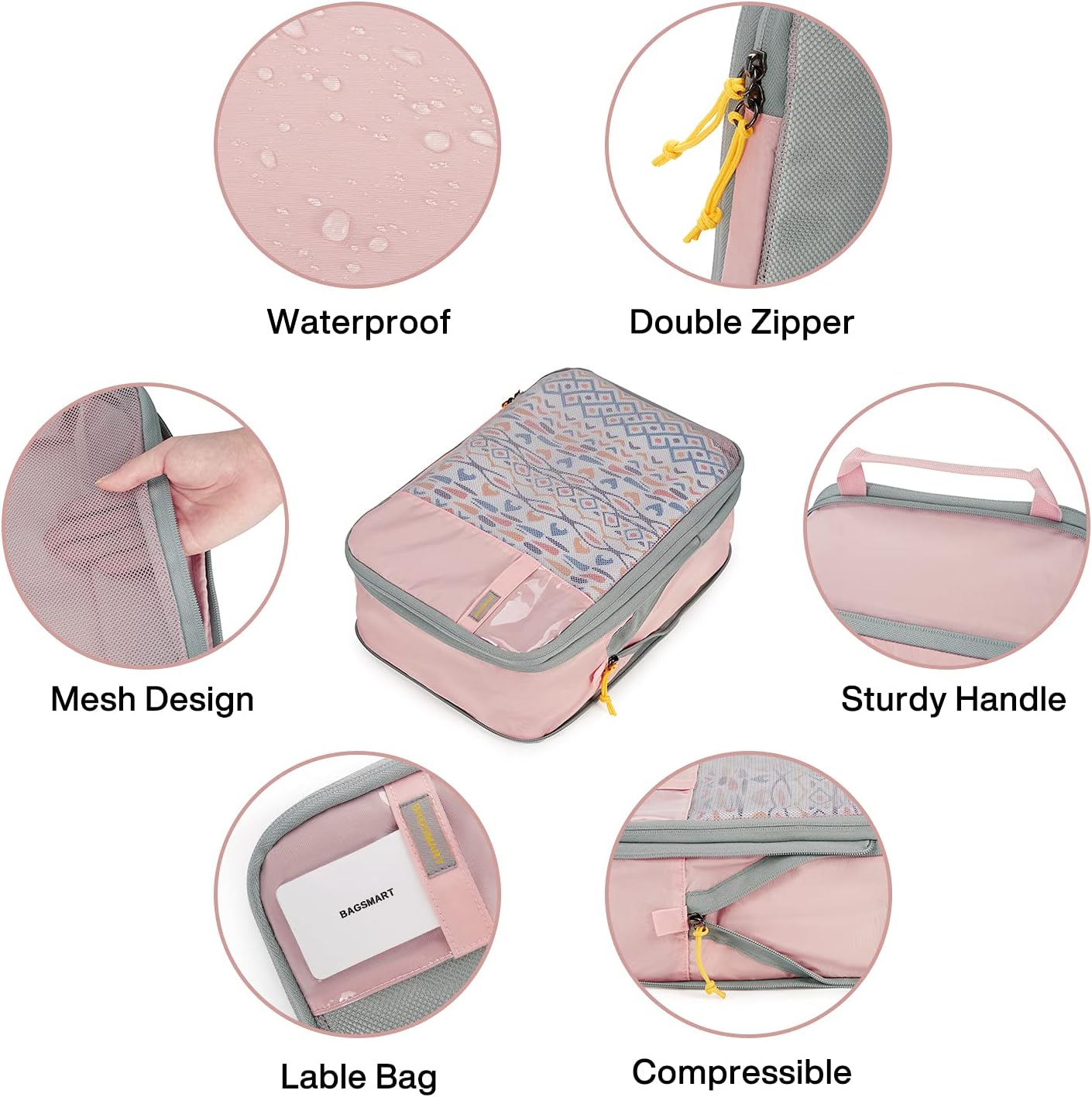 BAGSMART 6 Set Compression Packing Cubes - Lightweight Travel Essentials, Durable Luggage Organizer