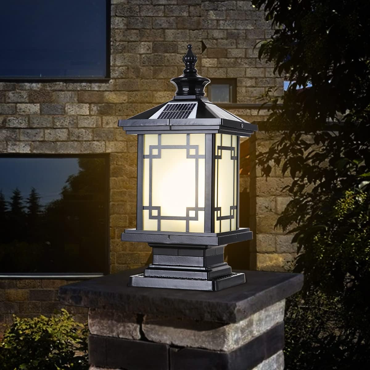 LED Solar Post Light Outdoor, Aluminum Fence Post Cap Lamp Remote Control Dimmable Pillar Lights Solar IP65 Waterproof Column Light, 15.7" X 7.3" Pillar Pedestal Lantern for Garden Yard