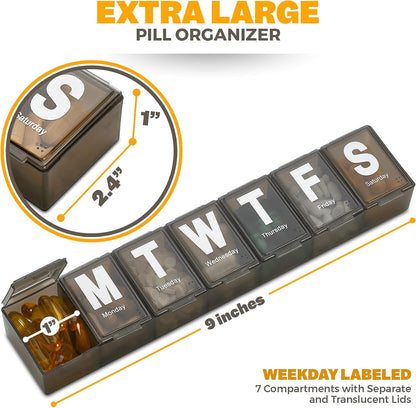 Weekly Pill Organizer - Extra Large with Easy to Read Jumbo Letters Vitamin Container, BPA Free - Daily Travel 7 Day Medication Pill Box Case, (Black)
