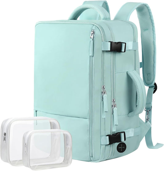 Hanples Large Travel Backpack for Women as Person Item Flight Approved, 35L Carry on Backpack, 17 Inch Laptop Backpack, Waterproof Backpack,Casual Bag with 2 Toiletry Bags (Mint Green)