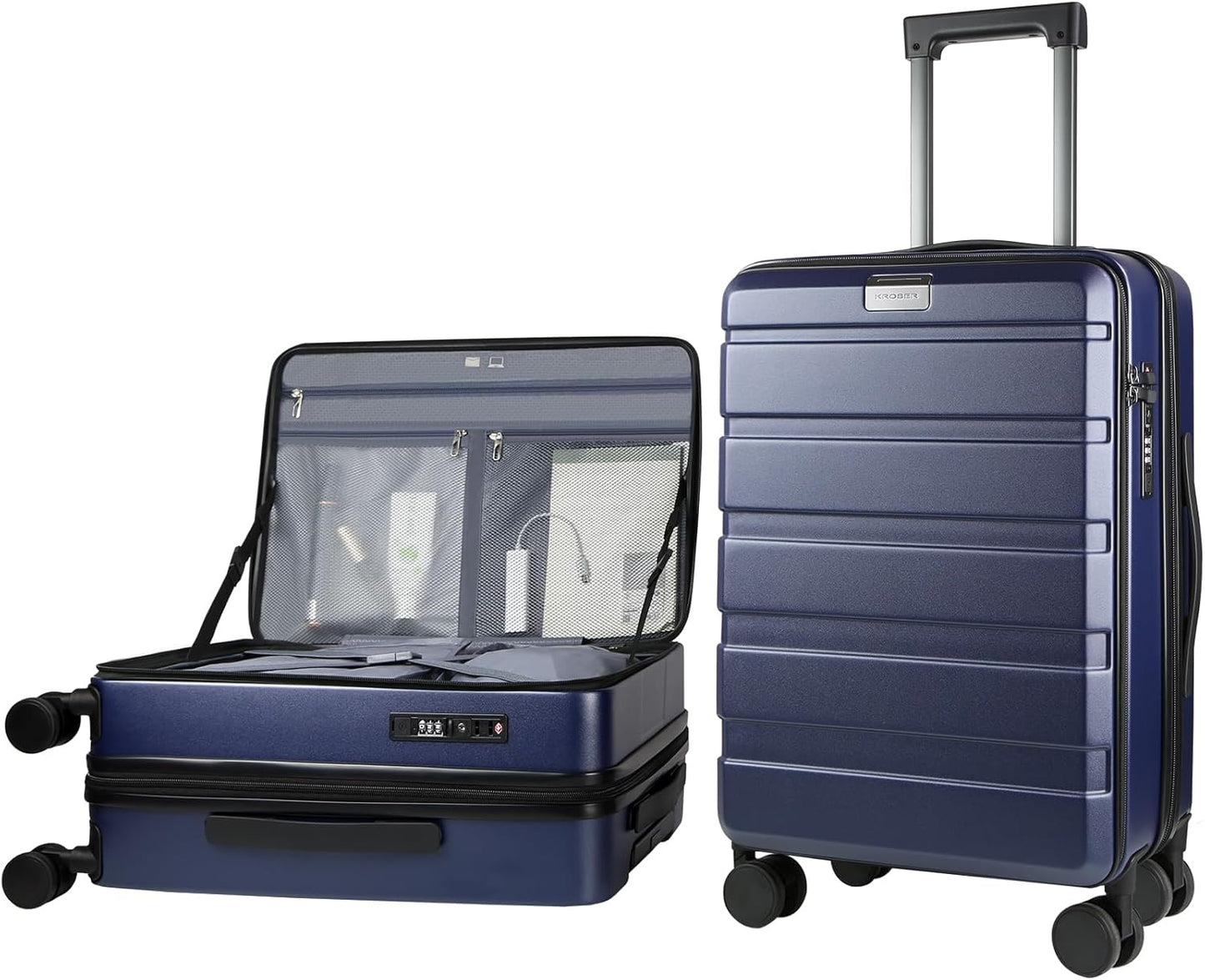 KROSER Carry On Luggage with Spinner Wheels & Built-in TSA Lock, Expandable Top Loading Hard Shell Suitcase Large Capacity Durable Rolling Luggage with USB Port, Carry-On 20-Inch, Navy