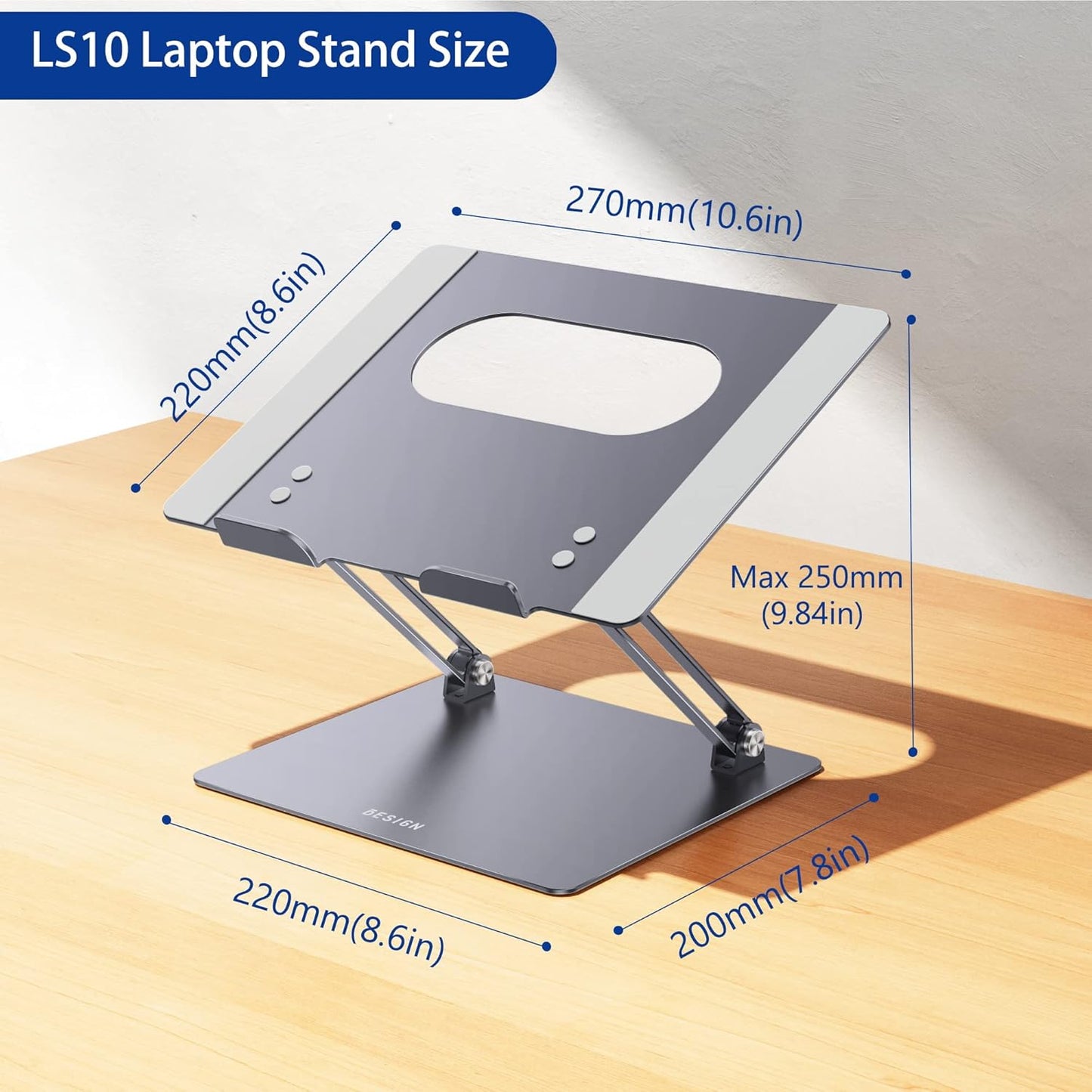 BESIGN LS10 Aluminum Laptop Stand, Ergonomic Adjustable Notebook Stand, Computer Holder Compatible with Air, Pro, Dell, HP, Lenovo More 10-14" Laptops, Space Gray
