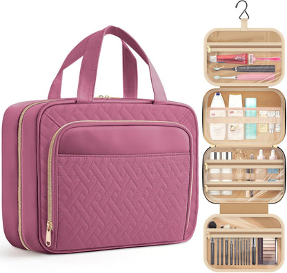 HOTOR Travel Toiletry Bag for Women & Men, Waterproof Makeup Bag with Hanging Hook and Multiple Pockets, Cosmetic Bags for Women, Travel Essentials, 11.2'' x 3.2'' x 8.9'', Rosewood-Pink