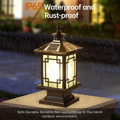 LED Solar Post Light Outdoor, Aluminum Fence Post Cap Lamp Remote Control Dimmable Pillar Lights Solar IP65 Waterproof Column Light, 15.7" X 7.3" Pillar Pedestal Lantern for Garden Yard