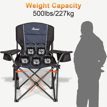 Romswi Oversized Camping Chairs,Heavy Duty Support 500 LBS,Padded Back & Arm Sport Chairs, Cup Holder Cooler Bag, Collapsible Folding Chairs for Outdoor, Fishing & Garden, Black,2-Pack