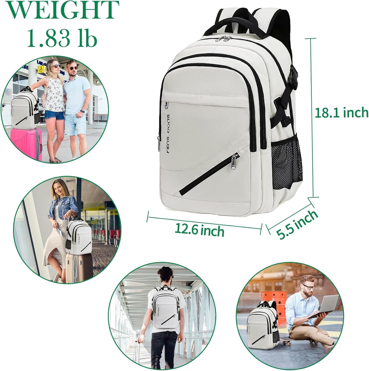 FENGDONG 17.3 inch Large Laptop Backpack Durable Waterproof Travel College Backpack Bookbag for Men & Women Business Backpack with USB Charging Port,Headset Port Beige