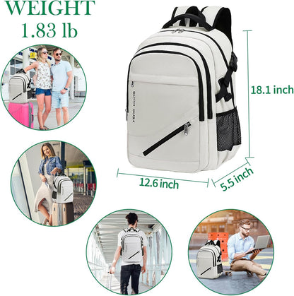 FENGDONG 17.3 inch Large Laptop Backpack Durable Waterproof Travel College Backpack Bookbag for Men & Women Business Backpack with USB Charging Port,Headset Port Beige
