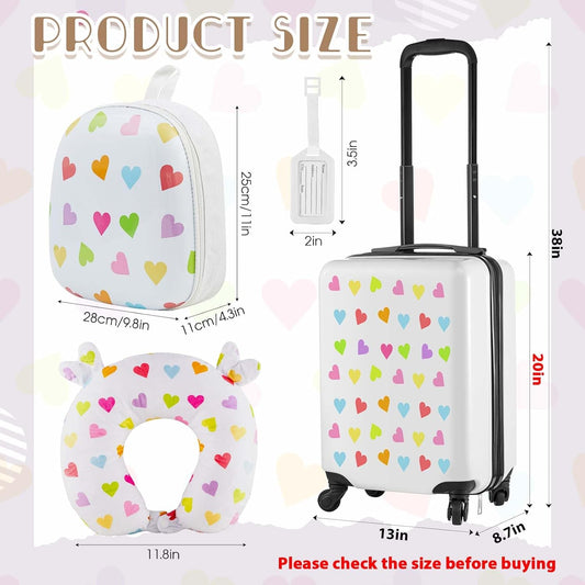 Sanwuta 4 Pcs Kids Luggage Set Kids Backpack Travel Rolling Suitcase with Wheels U-shape Pillow Childrens Gift for Girls Boys(20 Inch,Heart Style,White)
