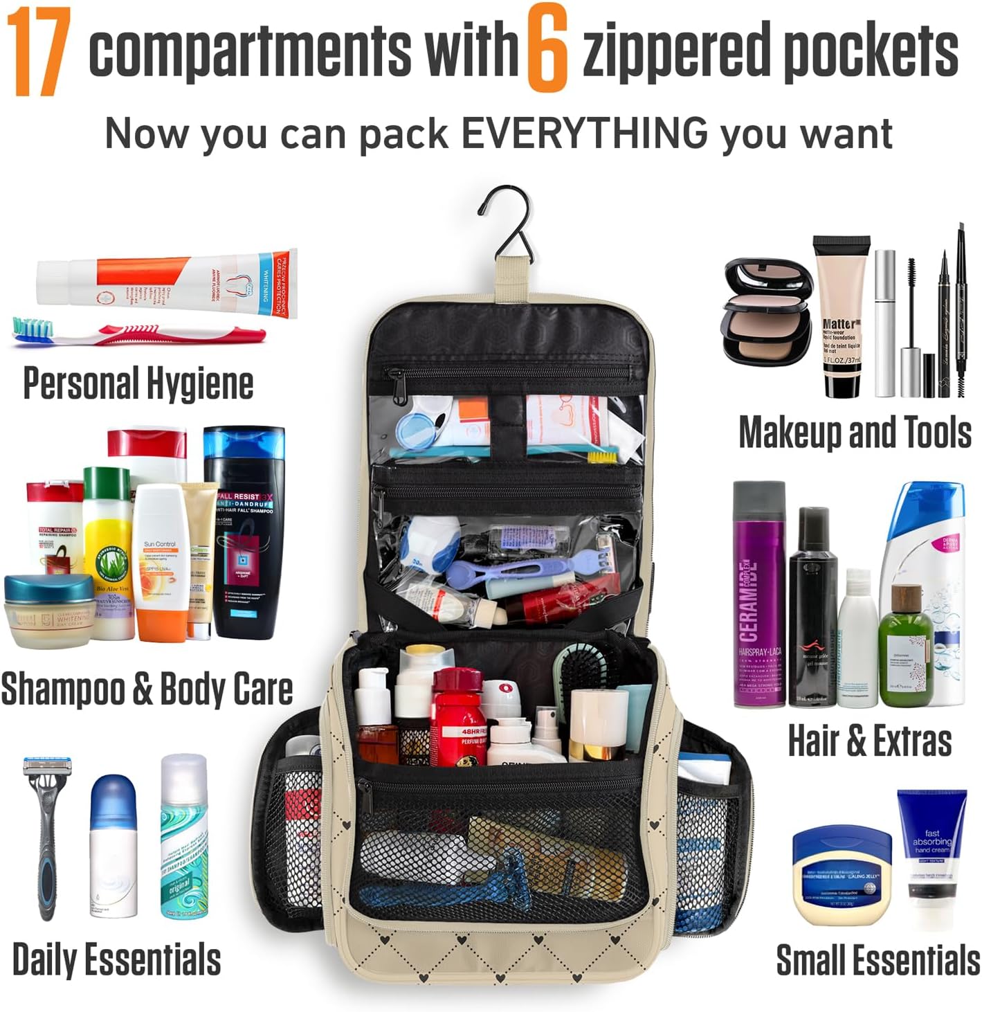 VENTURE 4TH Hanging Travel Toiletry Bag for Women & Men - Travel Organizer with Expandable Compartments & Removable Clear Pouch for Toiletries (Beige Diamonds)