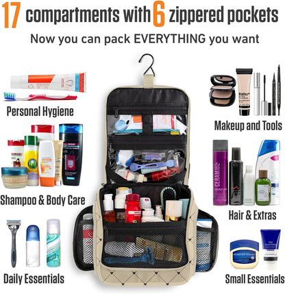 VENTURE 4TH Hanging Travel Toiletry Bag for Women & Men - Travel Organizer with Expandable Compartments & Removable Clear Pouch for Toiletries (Beige Diamonds)