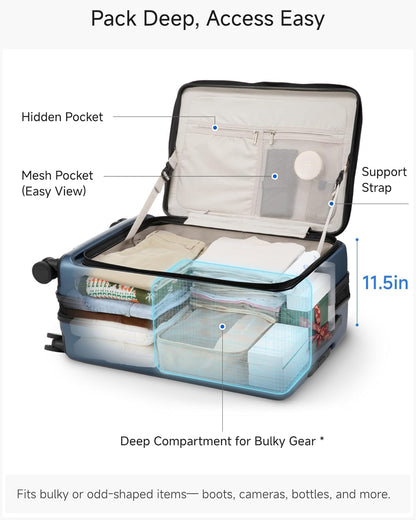 Checked Luggage Top Opening, FLT Expandable Polycarbonate Hard Shell Suitcase with Wheels (FLO-Lite, Blue, 24 Inch, 63L-70L)