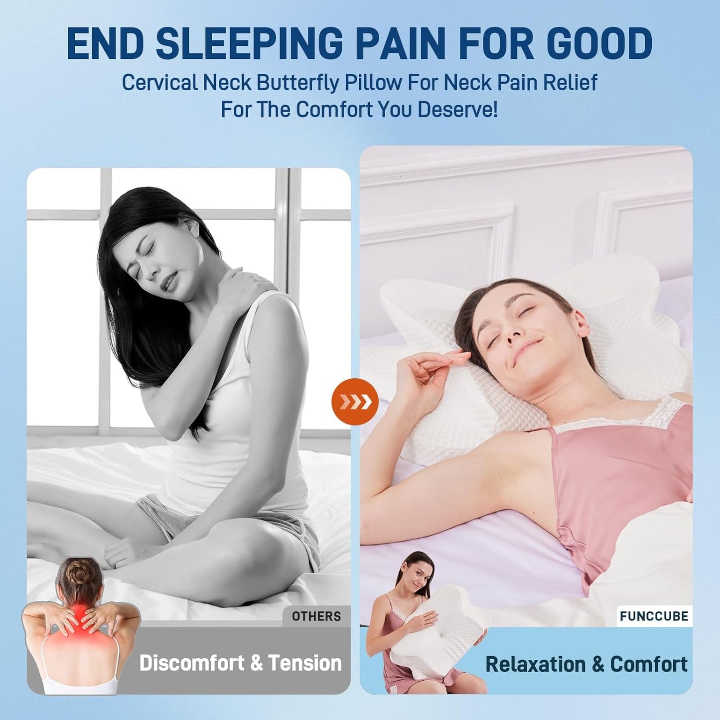 Cervical Neck Pillow for Sleeping, Dual Height Contour Memory Foam Pillow for Neck Pain Relief & Support, Orthopedic Butterfly Pillow for Side, Back & Stomach Sleepers – Cooling Washable Cover (white)