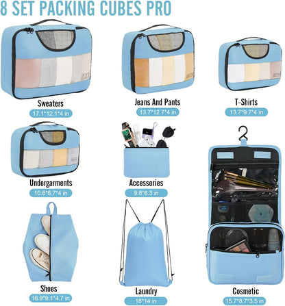 Veken 8 Set Packing Cubes for Travel Essentials, Suitcase Organizer Bags in 4 Sizes, Carry-On Luggage Accessories with Large Laundry & Hanging Toiletry Bag, Must-Have for Airplane, Road Trip & Camping