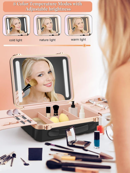 Kalolary Travel Makeup Train Cases with Lighted Mirror 3 Color Setting, Makeup Bag Cosmetic Case Organizer Adjustable Brightness Portable Makeup Storage Box For Makeup Brushes Accessories Tools,Black