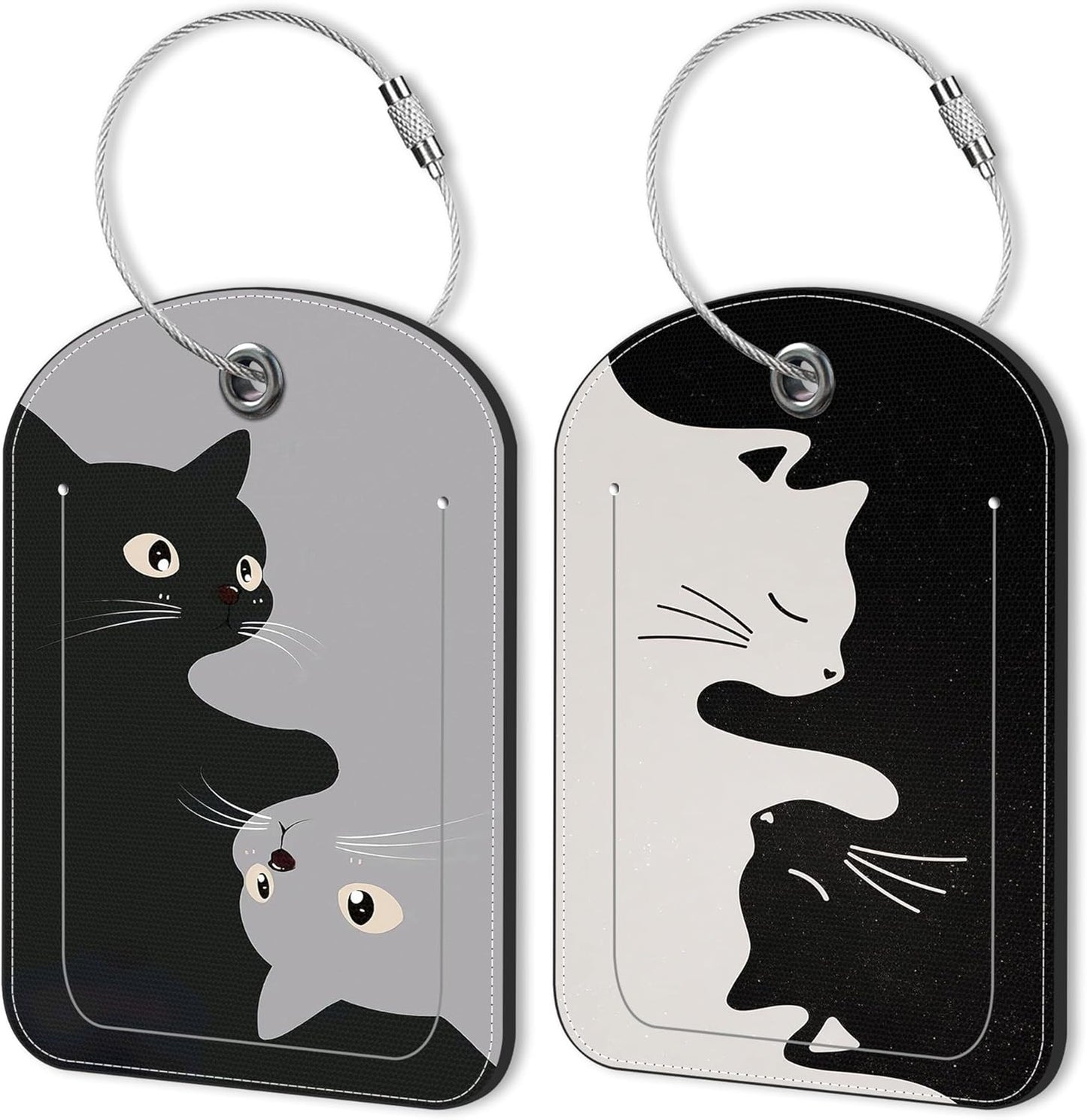 2 Pack Luggage Tag for Suitcase Black and Gray cat Leather Suitcase Tags with Privacy Name ID Label and Stainless Steel Loop for Travel Bag