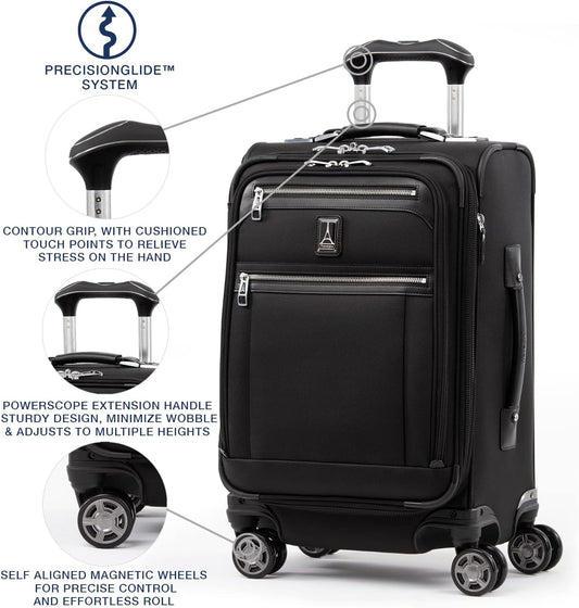 Travelpro Platinum Elite Softside Expandable Carry on Luggage, 8 Wheel Spinner Suitcase, USB Port, Laptop and Tablet Sleeves, Men and Women, Shadow Black, Carry On 20-Inch