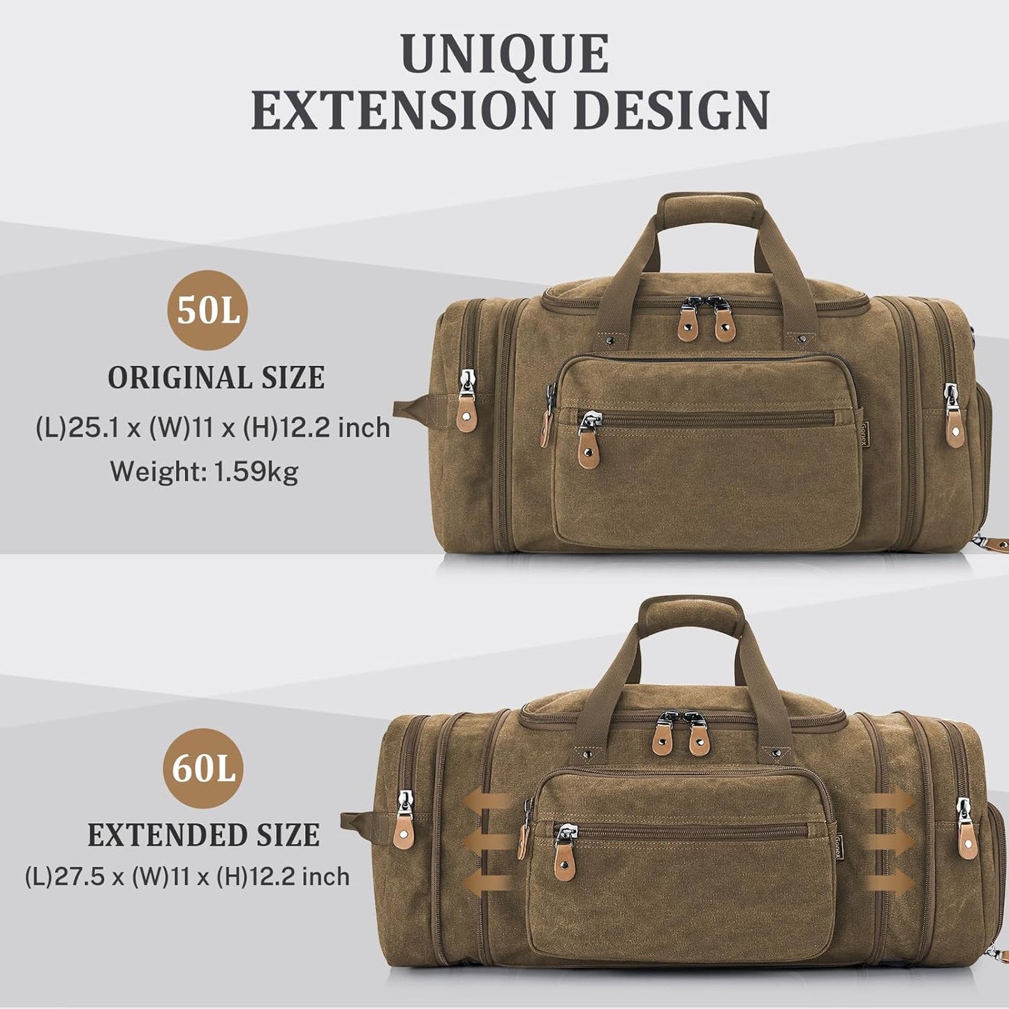 Gonex Canvas Duffle Bag 60L Travel Duffel Overnight Weekend Bag with Shoe Compartment (Coffee)