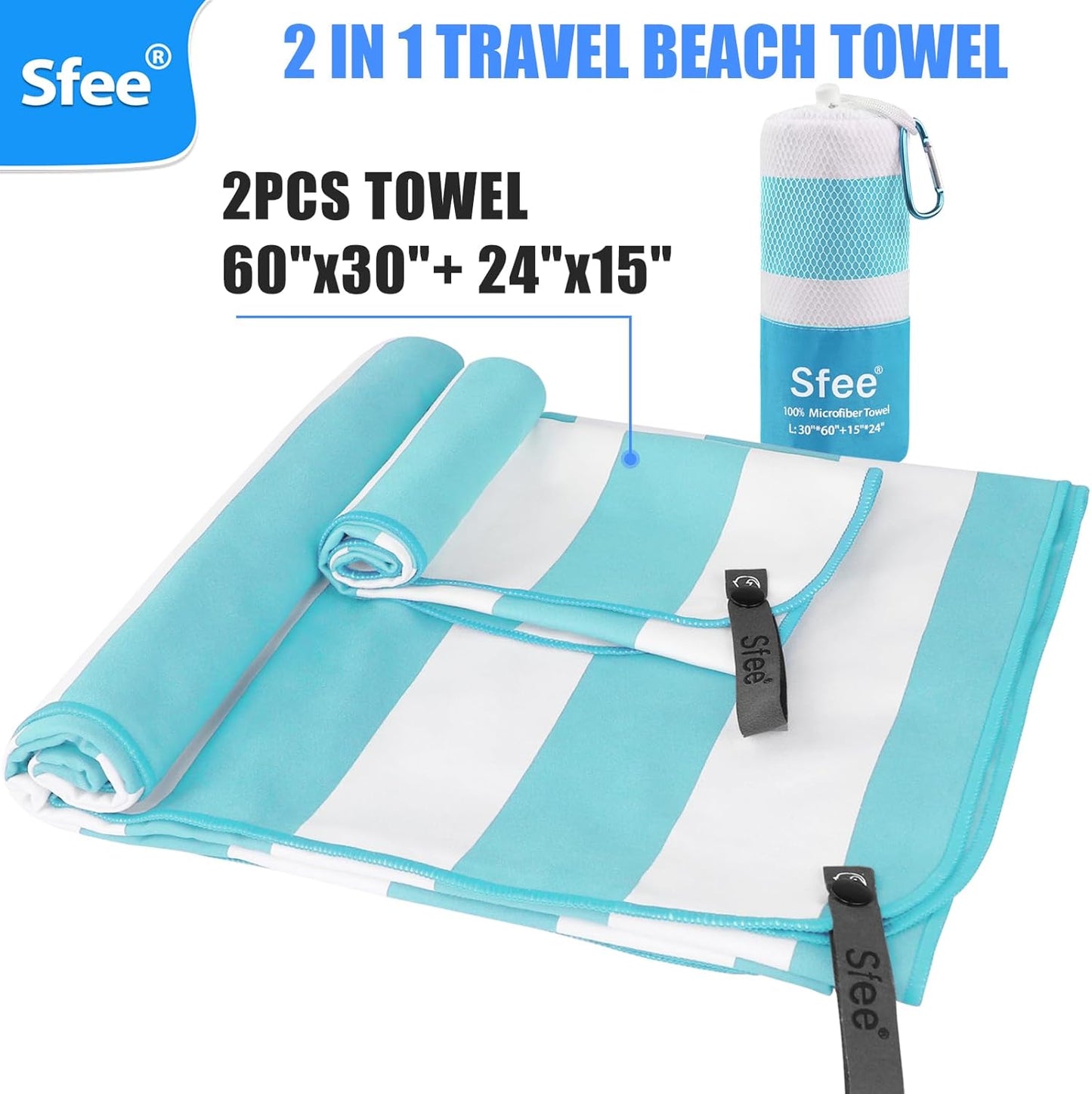 Sfee 2 in 1 Microfiber Beach Towel, Quick Dry Towel Camping Towel Travel Towel Super Absorbent Compact Lightweight Sports Gym Towels Set for Beach, Gym, Hiking, Pool, Backpacking, Bath, Yoga
