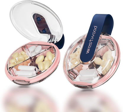 1 Pack Easy-to-Hold Small Round Blue Pill Organizer with Decorative Strap, 4 Compartments, Compact Travel Pill Box Case, Portable and Moistureproof to Store Vitamins, Medication and Supplements