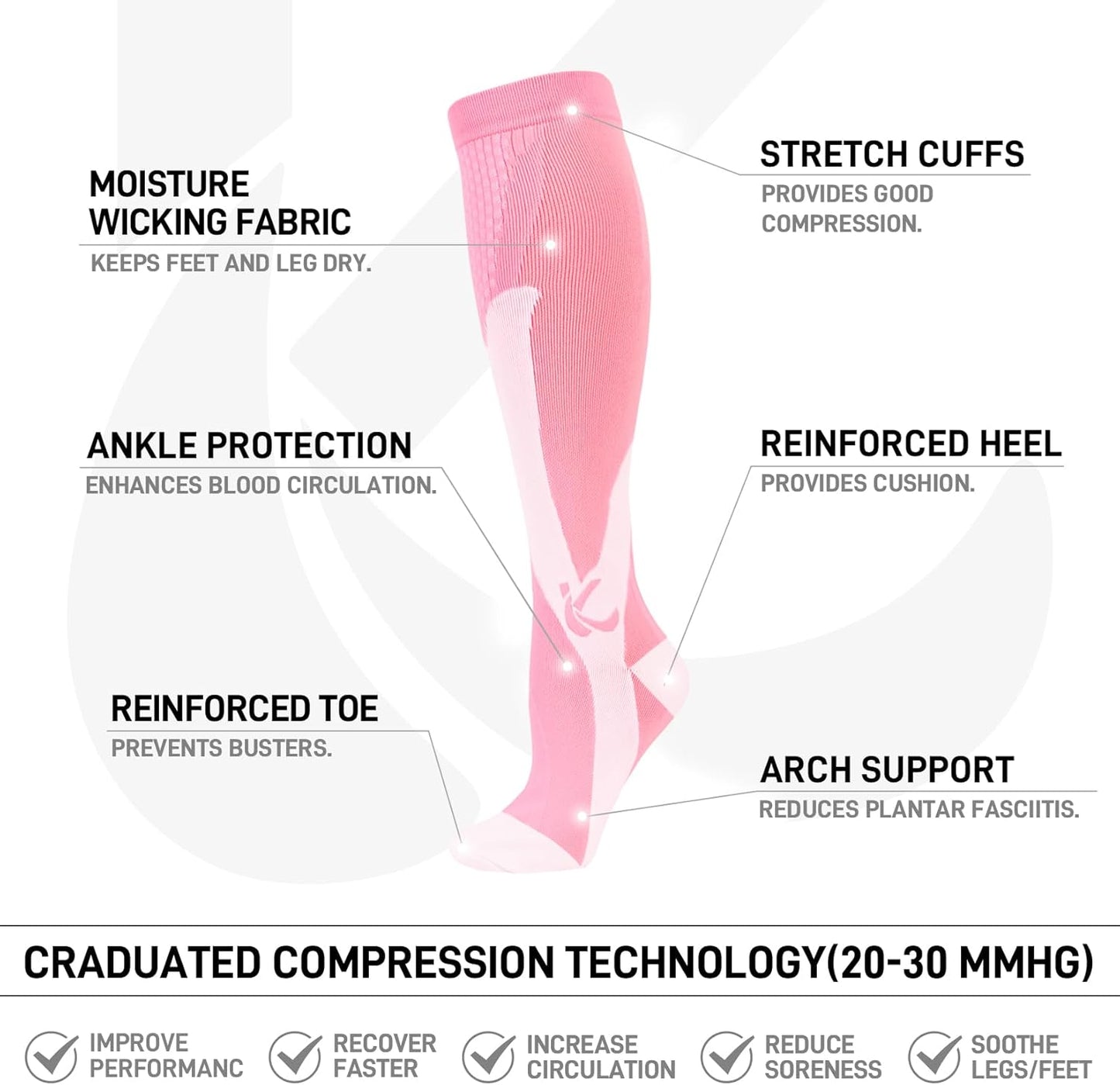 Kickticks 4 Pairs Compression Socks for Woman & Man Unisex 20-30mmHg Knee high Plus Size Wide Calves for Flying Running…