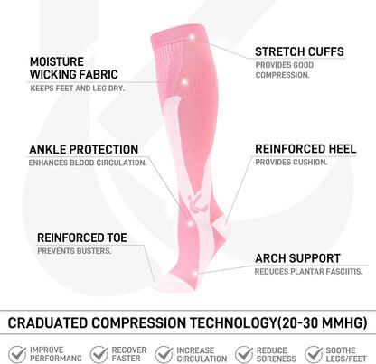 Kickticks 4 Pairs Compression Socks for Woman & Man Unisex 20-30mmHg Knee high Plus Size Wide Calves for Flying Running…