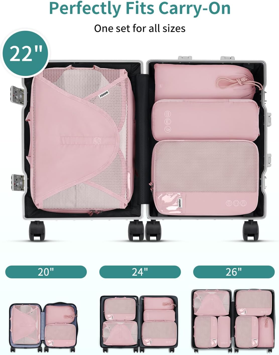 WANDF 7 Set Compression Packing Cubes for Travel, Shirt Folder for Wrinkle-Free, Suitcase Organizer Bags Set for Carry-On Checked Luggage Duffle Bag Women Men(Pink)