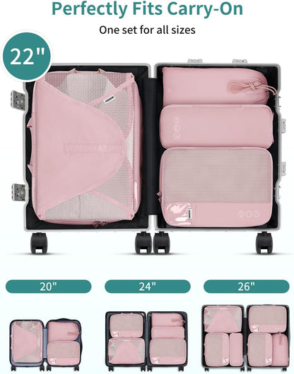 WANDF 7 Set Compression Packing Cubes for Travel, Shirt Folder for Wrinkle-Free, Suitcase Organizer Bags Set for Carry-On Checked Luggage Duffle Bag Women Men(Pink)