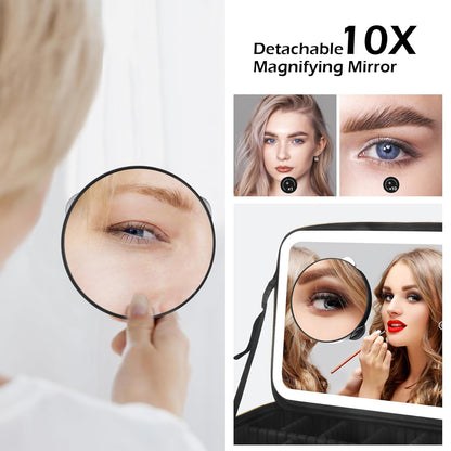 MOMIRA Large Makeup Train Case with Lighted and Mirror 14inch Partitionable Cosmetic Bag Travel Makeup Case Professional Cosmetic Artist Organizer, Waterproof Portable, with Shoulder Stra Silver