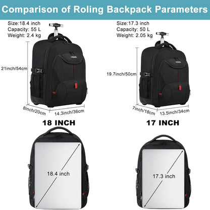 Rolling Backpack,18 inch Laptop Backpack with Wheels for Adults,Large Water Resistant Wheeled Backpack for Travel Carry on Trolley Luggage Suitcase College Business Computer Bag for Men Women, Black