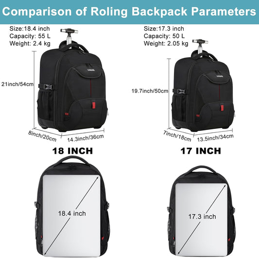 Rolling Backpack,18 inch Laptop Backpack with Wheels for Adults,Large Water Resistant Wheeled Backpack for Travel Carry on Trolley Luggage Suitcase College Business Computer Bag for Men Women, Black