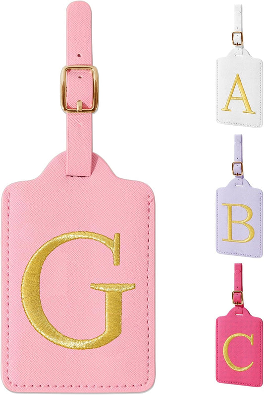Personalized Initial Luggage Tags for Suitcase, Pink Leather Cute Luggage Tags with Privacy Cover Name Card, Embroidered Custom Monogrammed Luggage Tag Travel Bag Baggage Tags Gifts for Women Kids(G)
