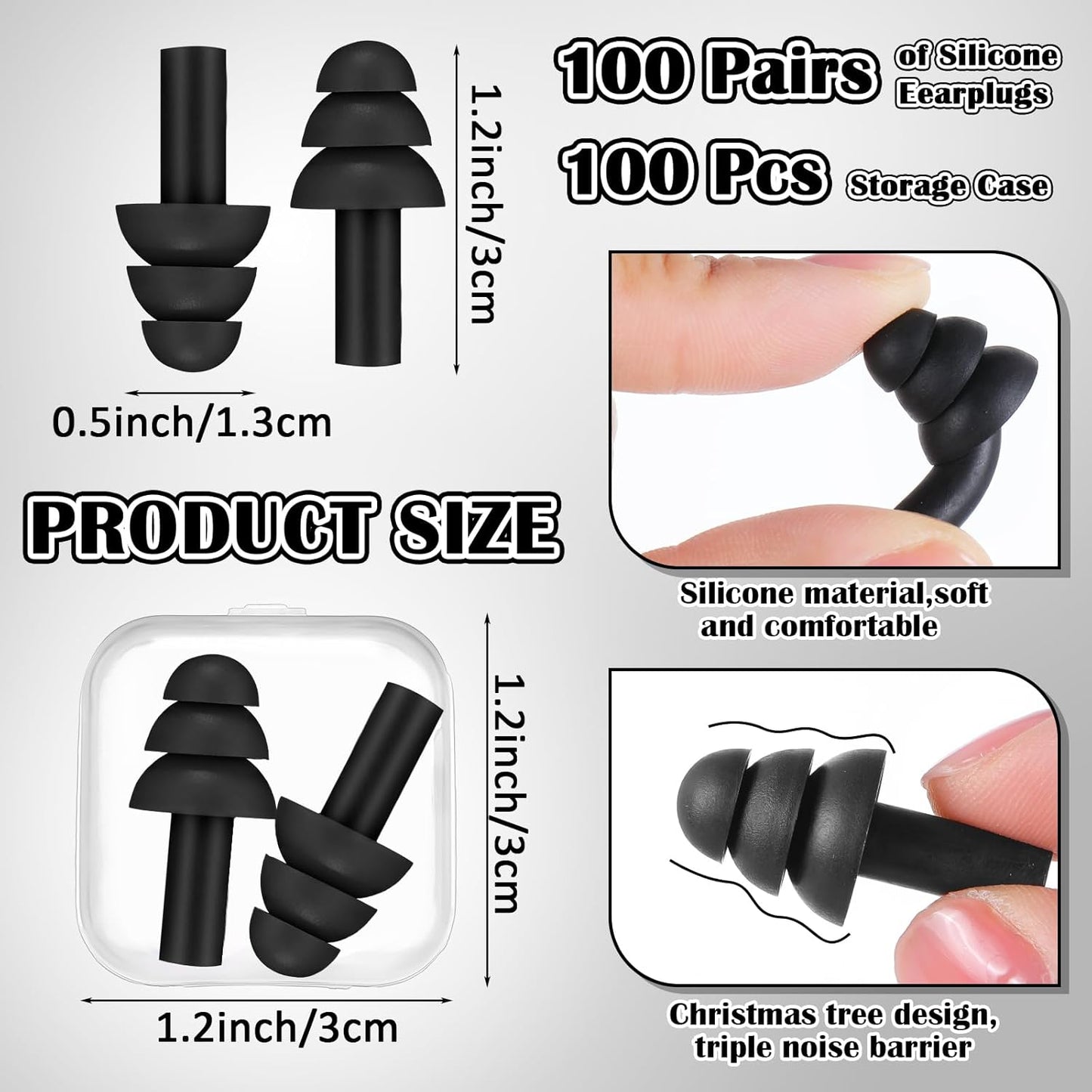 TrelaCo 100 Pairs Ear Plugs Bulk, NRR 29dB Reusable Silicone Ear Plugs with Plastic Cases Soft Foam for Sleeping Noise Cancelling for Concerts Shooting Swimming Noise Reduction(Black)