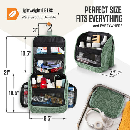 VENTURE 4TH Hanging Travel Toiletry Bag for Women & Men - Travel Organizer with Expandable Compartments & Removable Clear Pouch for Toiletries (Green Leaves)