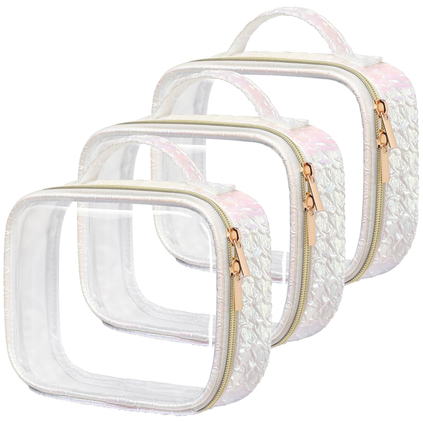 PACKISM TSA Approved Toiletry Bag - Ruched Textured Clear Makeup Bag, Iridescent White, with 180° Large Opening and Supporting Frame, Perfect for Travel Essentials, Thick No Smell