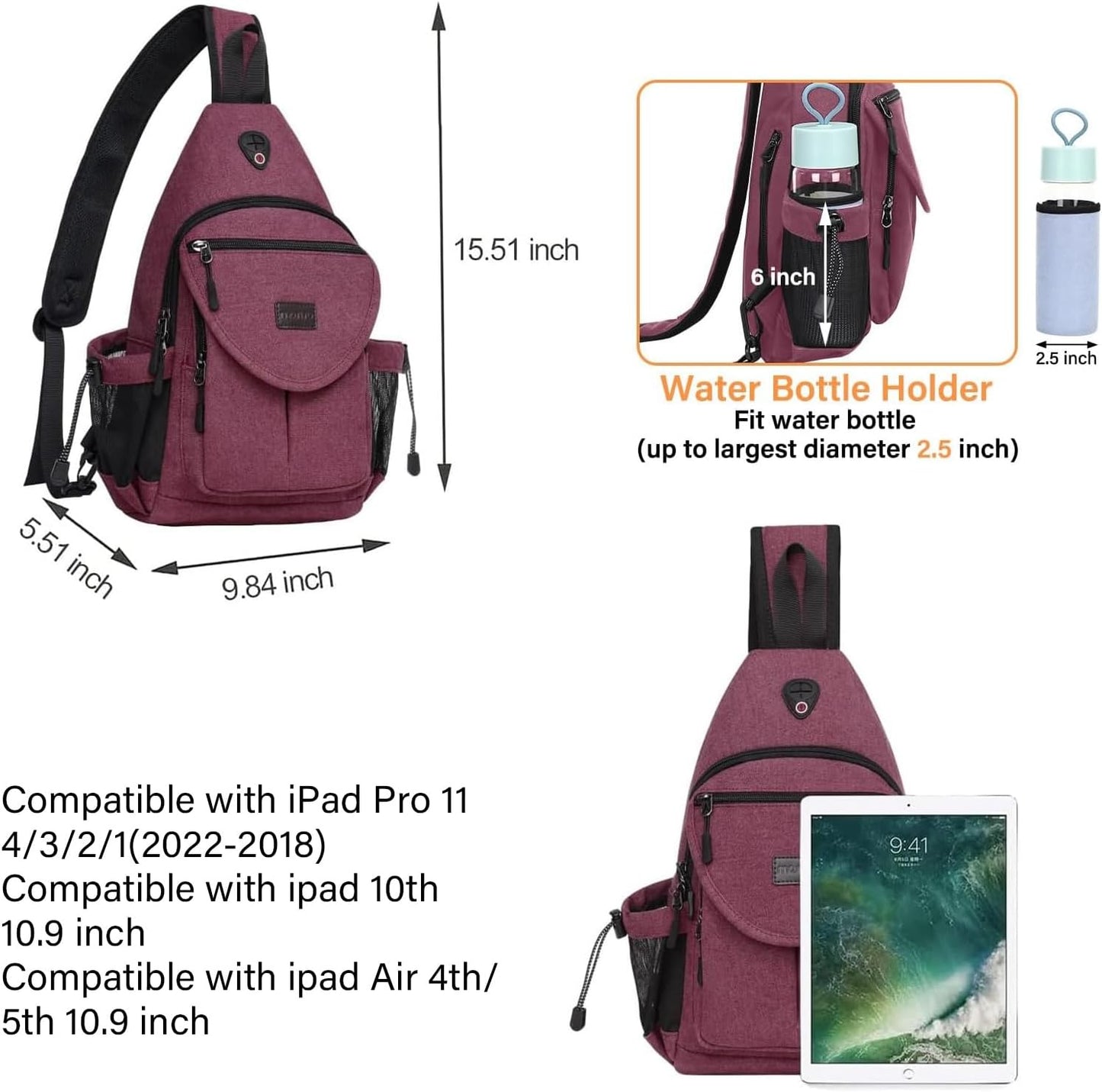 MOSISO Sling Backpack,Canvas Crossbody Hiking Daypack Bag with Anti-theft Pocket, Wine Red