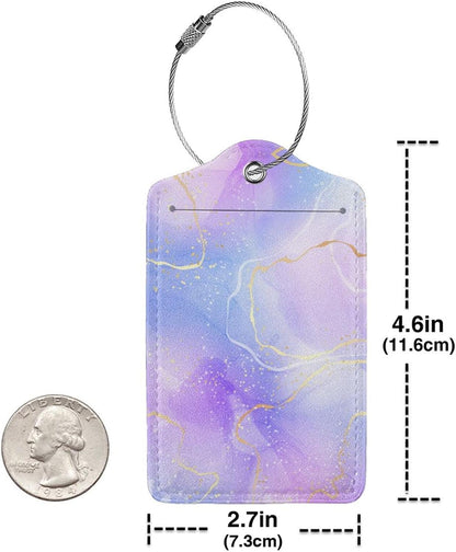 2Pcs Light Purple Blue Leather Luggage Tags with Golden and White Lines for Women Girls Travel, Pretty Abstract Lavender Violet Watercolor Marble Name ID Identifier Labels for Suitcase Baggage Bag