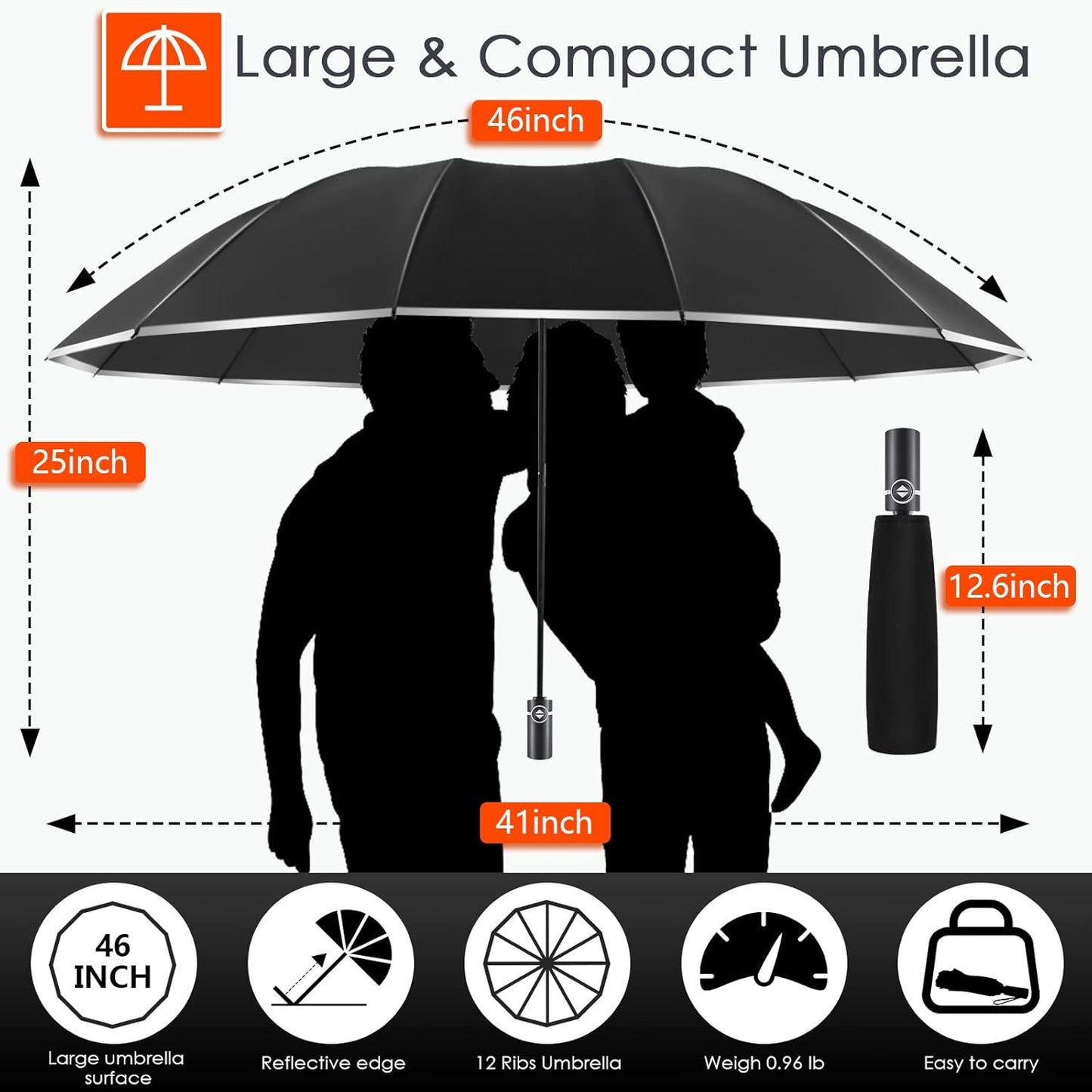 Bodyguard Inverted Umbrella - Large Windproof for Rain & Sun, Compact Reverse With Reflective Stripe, Teflon-Coated for Women Men, Travel Folding With Cover Bag