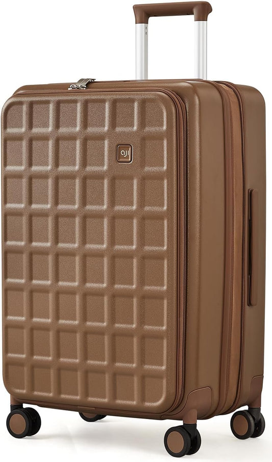 aji Expandable Top Opening 24 Inch Checked Luggage with Spinner Wheels, Large Suitcase with TSA Lock, Hard Shell Travel luggage Suitcases for Men Women, for 12+Days Travel, Chocolate Brown
