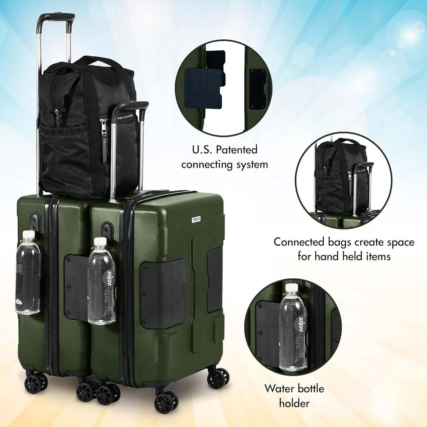 Tach V3.1 Hard Shell Carry On Luggage 20 inch | Carry on Luggage with Spinner Wheels & Patented Built-In Connecting System | One Piece Rolling Suitcase Links 9 Bags At Once (Green)