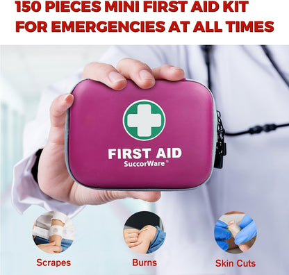150 Pieces Mini First Aid Kit - Small Medical Kit with Hard Shell - Emergency First Aid Kit for Car, Travel, Home, Outdoor, Office, Camping, Hiking (Purple)